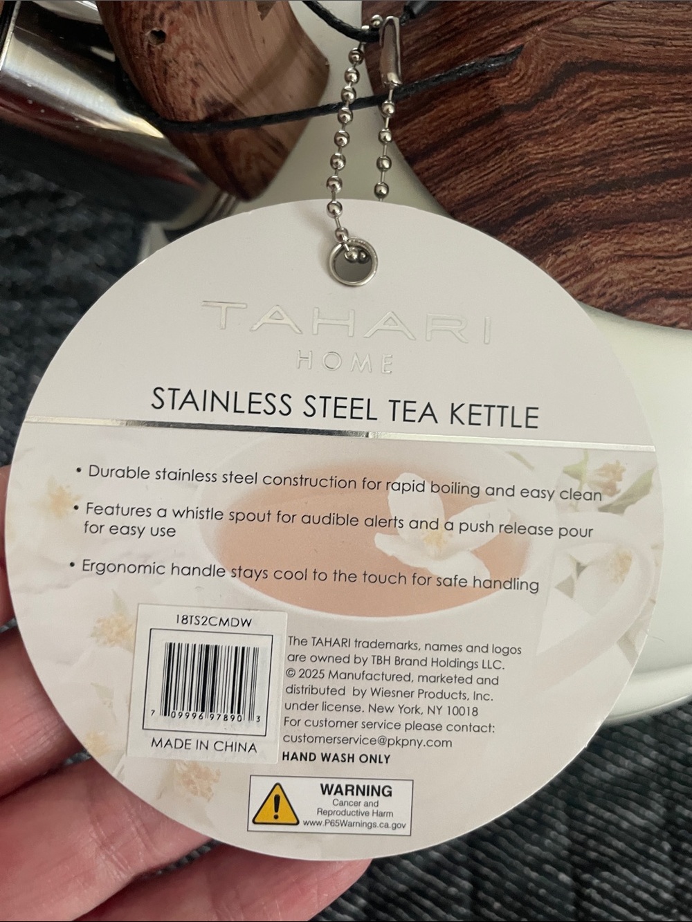 Tahari Home Stainless Steel Tea Kettle with Wood-Tone Handle - Picture 3 of 6